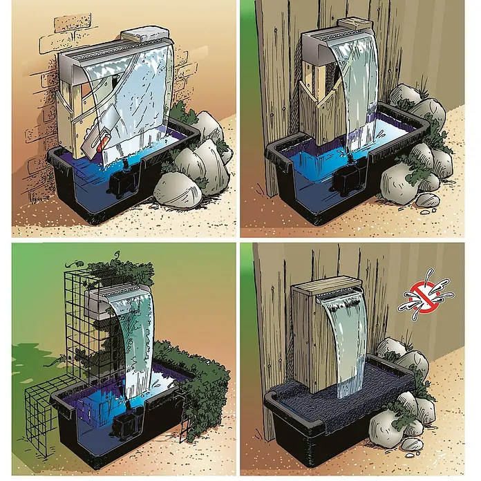 Ubbink Einbau-Wasserfall Niagara - 12,5 x 30 x 10 cm, Edelstahl, LED - Vier Darstellungen eines modernen Wasserfalls mit Becken, Steinen und optionaler Bepflanzung für den Garten.