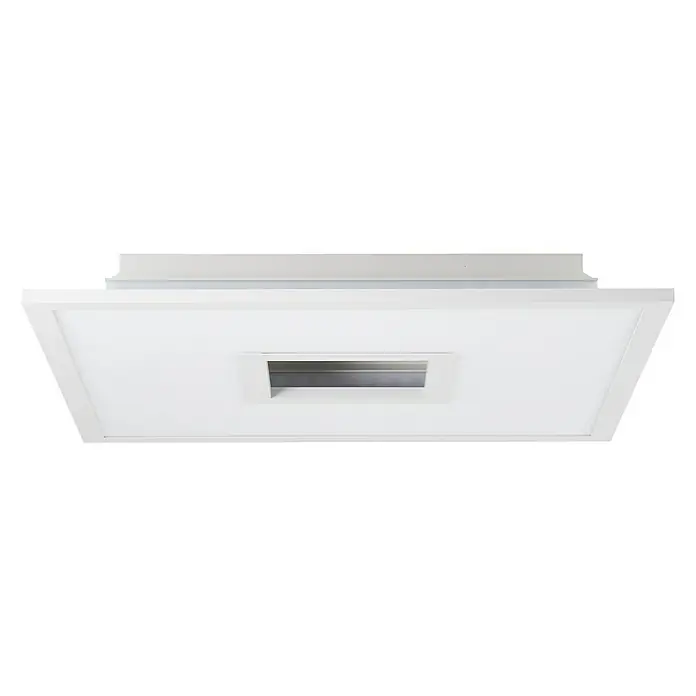 Brilliant LED-Deckenleuchte Ellia - 24 W, L x B x H: 45 x 45 x 5 cm, Weiß, Kaltweiß - Ein weißes LED-Panel mit einem rechteckigen Ausschnitt in der Mitte. Es ist an einer Deckenhalterung befestigt und strahlt ein helles Licht aus.
