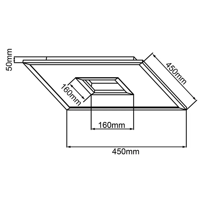 Brilliant LED-Deckenleuchte Ellia - 24 W, L x B x H: 45 x 45 x 5 cm, Weiß, Kaltweiß - Ansicht des Dunstabzugshauben-Designs mit Maßangaben, das Designelemente und Abmessungen hervorhebt.\n