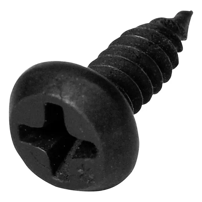 Knauf Blechschraube - Durchmesser Kopf: 3,5 mm, Länge: 9 mm, 100 Stk. - Nahaufnahme einer schwarzen Kreuzschlitzschraube mit abgerundetem Kopf, die auf einer weißen Oberfläche liegt.