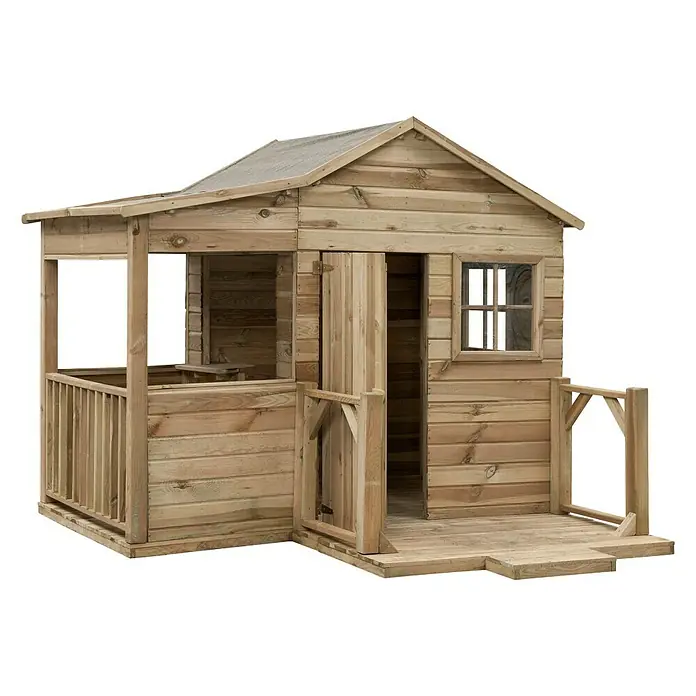 Swing King Spielhaus Laura - L x B x H: 225 x 202 x 171 cm, Holz, Holz - Ein detailreiches Bild eines Holzspielhauses, das eine einladende Veranda und ein solides Design für fantasievolles Spielen im Freien bietet.