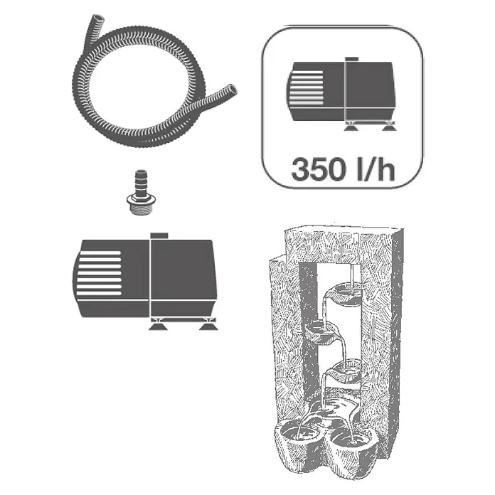 Ubbink AcquaArte Gartenbrunnen Bern - 21,5 x 33,5 x 59,5 cm, Kunststoff, Grau, Beige - Abbildung eines Springbrunnensets mit Pumpe, Schlauch und Düse, perfekt für den Garten.