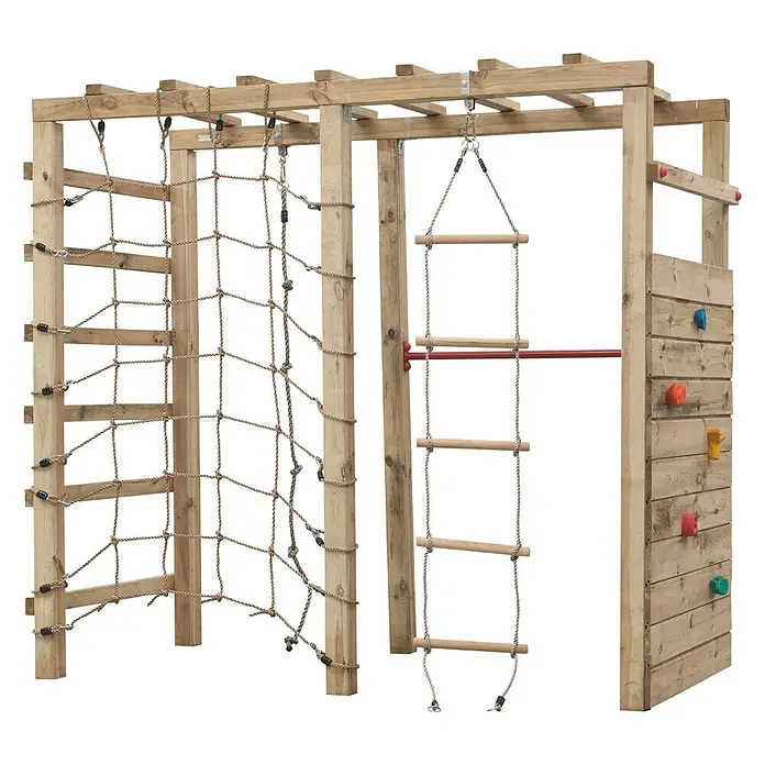 Swing King Klettergerüst Bokito - 120 x 240 x 220 cm, Holz, Holz - Ein Klettergerüst aus Holz mit Kletternetz, Strickleiter und Kletterwand mit bunten Griffen für Kinder zum Austoben im Garten.
