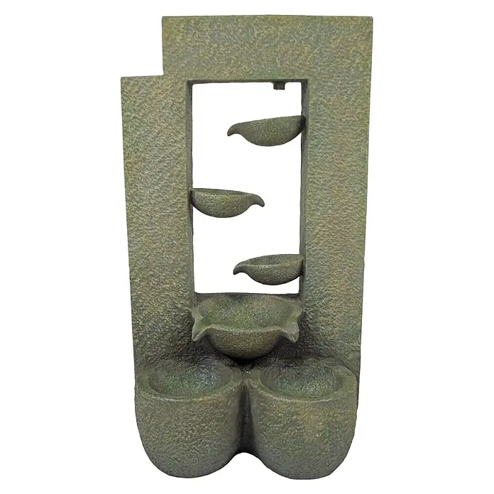 Ubbink AcquaArte Gartenbrunnen Bern - 21,5 x 33,5 x 59,5 cm, Kunststoff, Grau, Beige - Nahaufnahme eines dekorativen Zimmerbrunnens mit mehreren Ebenen und rustikaler Textur, ideal für eine entspannende Atmosphäre.