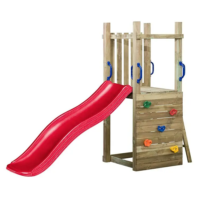 Swing King Kinderspielturm Irma - L x B x H: 160 x 70 x 175 cm, Holz/ Rot - Ein Spielturm mit roter Rutsche und Kletterwand für Kinder, ideal für den Garten.