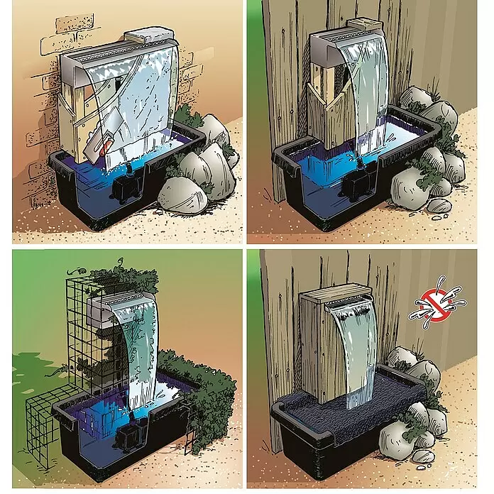 Einbau-Wasserfall Niagara 90 Inox - 90 x 12,5 x 10 cm, Edelstahl - Kompakter Gartenwasserfall-Set mit schwarzem Becken und silberner Überlaufkante, in verschiedenen Außenbereichen wie Wand, Zaun oder Hecke gezeigt.