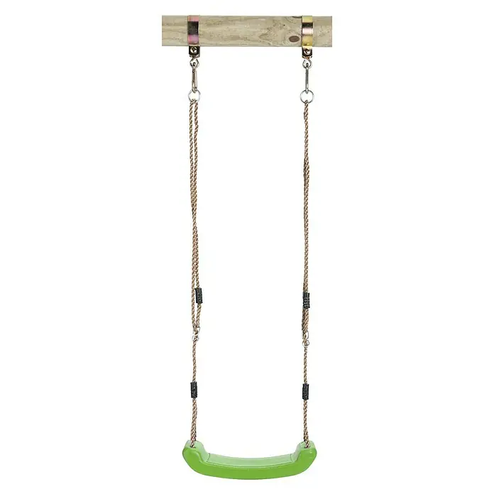 Swing King Schaukel - Kunststoff, Apfelgrün, L x B x H: 43 x 17 x 8 cm - Nahaufnahme einer grünen Schaukelsitz mit Seilen und Metallbeschlägen, die an einem Holzbalken befestigt sind.