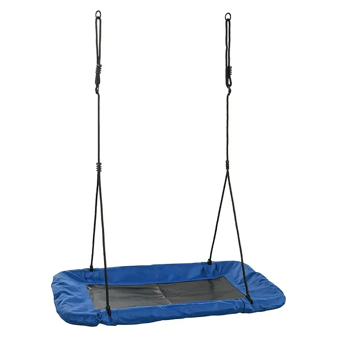 Swing King Nestschaukel Leinwand - Blau - Abgebildete ist eine rechteckige, blaue Schaukel mit schwarzem Sitz, aufgehängt an stabilen Seilen, die für sicheren Schaukelspass sorgt.