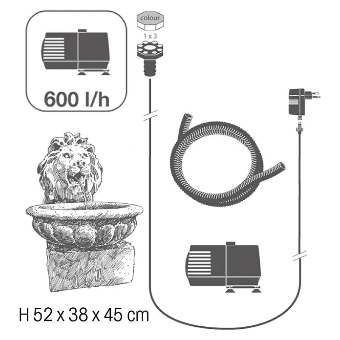 Ubbink AcquaArte Gartenbrunnen Basel - 45 x 38 x 52 cm, Kunststoff, Taupe - Schemazeichnung eines dekorativen Löwenbrunnens mit Pumpe, Düse, Schlauch und Netzteil. Die Maße sind H 52 x 38 x 45 cm, Pumpleistung 600 l/h.