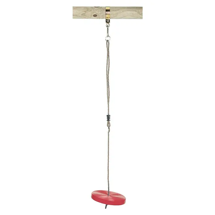 Swing King Tellerschaukel - Rot - Rote Schaukelsitz an einem Seil, das an einem Holzbalken befestigt ist. Das Schaukelsitz ist aus strapazierfähigem Material gefertigt.