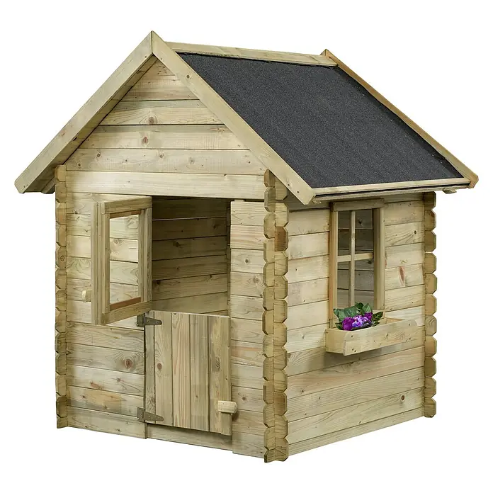 Swing King Spielhaus Davey - L x B x H: 120 x 120 x 160 cm, Holz, Holz - Ein charmantes Holzspielhaus mit Fenster, Tür und einem dunklen Dach für fantasievolle Spiele im Garten.