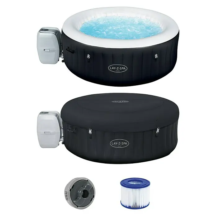 Bestway Lay-Z-Spa Mobil-Whirlpool Miami Air-Jet - Ø x H: 180 x 66 cm, Schwarz, 669 l - Abbildung eines Lay-Z-Spa Miami Whirlpools mit Pumpe, Abdeckung und Filterkartusche.