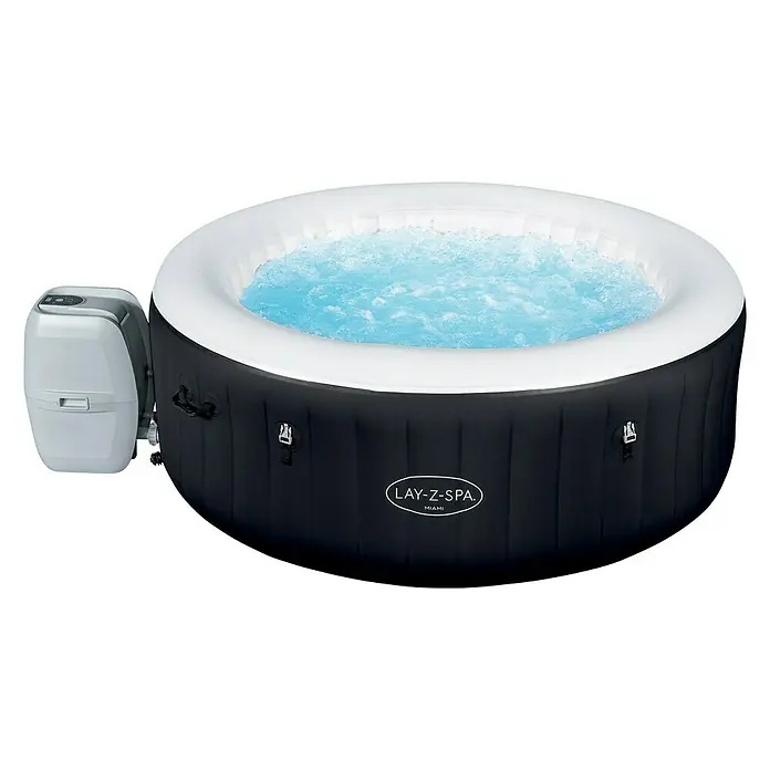 Bestway Lay-Z-Spa Mobil-Whirlpool Miami Air-Jet - Ø x H: 180 x 66 cm, Schwarz, 669 l - Das Bild zeigt einen Lay-Z-Spa Miami Whirlpool in Schwarz und Weiß, gefüllt mit blauem Wasser.