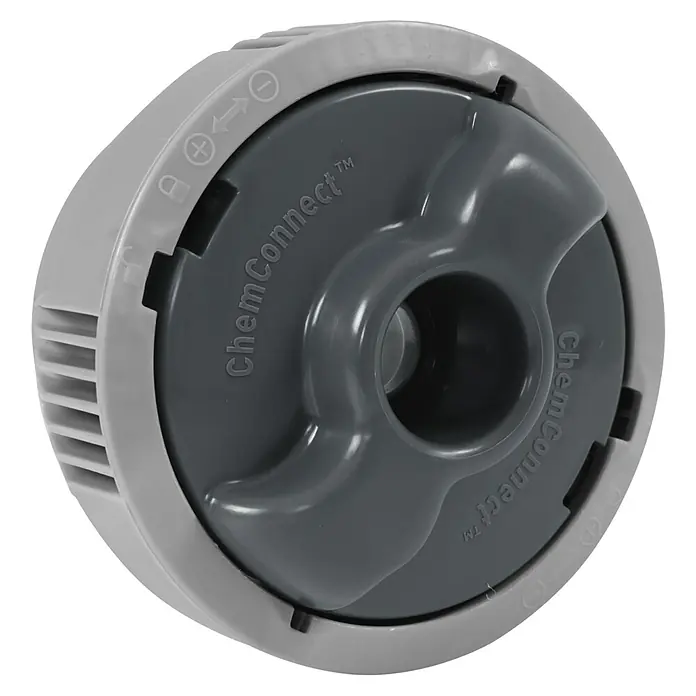 Bestway Lay-Z-Spa Mobil-Whirlpool Miami Air-Jet - Ø x H: 180 x 66 cm, Schwarz, 669 l - Nahaufnahme eines ChemConnect-Chemikaliendosierers, ein Schwimmbadzubehör für die automatische Dosierung von Chemikalien.