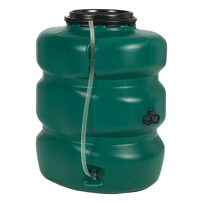 Garantia Basic Line Regentonne - 500 l, Grün - Grüne Regentonne mit transparentem Schlauch und schwarzem Deckel, ideal für die Gartenbewässerung und Regenwassernutzung.