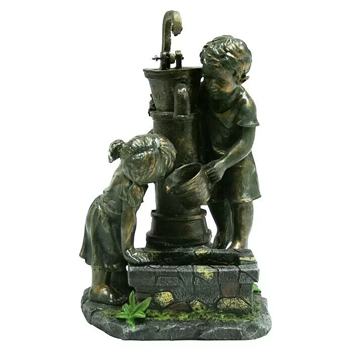 Ubbink AcquaArte Gartenbrunnen Atlanta - 39,5 x 44 x 69,5 cm, Kunststoff, Bronze - Bronzefarbene Statue zweier Kinder an einer Wasserpumpe, eines mit Eimer.