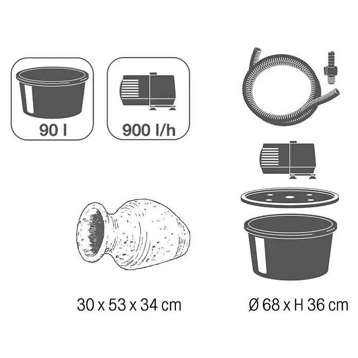 Ubbink AcquaArte Einbaubrunnen Larissa - 53 x 34 x 30 cm, Keramik, Antikweiß - Set für ein Gartenwasserfeature, bestehend aus 90 L Becken, 900 l/h Pumpe, Schlauch, Beckenabdeckung und dekorativer Urne (30x53x34cm).