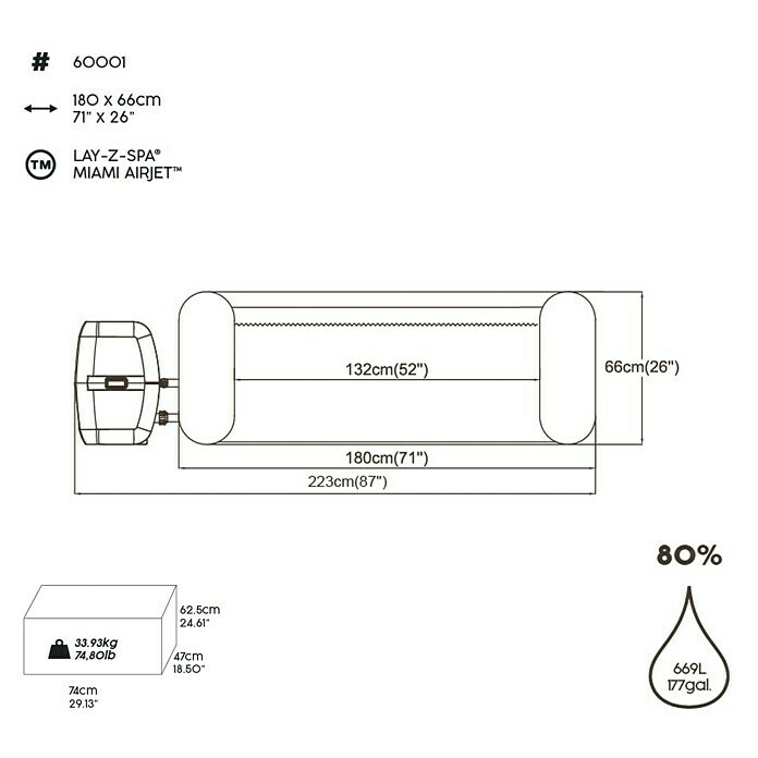 Bestway Lay-Z-Spa Außen-Whirlpool Miami Air-JetØ x H: 180 cm x 66 mm, 669 l, Geeignet für: 2 - 4 Personen Info