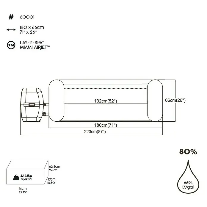 Bestway Lay-Z-Spa Mobil-Whirlpool Miami Air-Jet - Ø x H: 180 x 66 cm, Schwarz, 669 l - Abmessungen des Lay-Z-Spa Miami Airjet Whirlpools: 180 x 66 cm. Füllmenge: 669 Liter (80%). Gewicht der Verpackung: 33,93 kg.