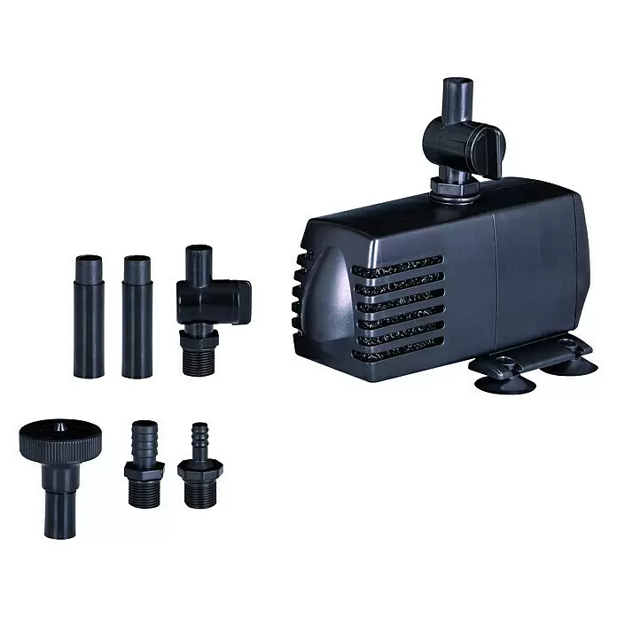 Ubbink Wasserspielpumpe Xtra 600 - 10 W - Schwarze Tauchpumpe mit einstellbarer Durchflussregelung und einem Satz schwarzer Kunststoff-Schlauchanschlüsse.