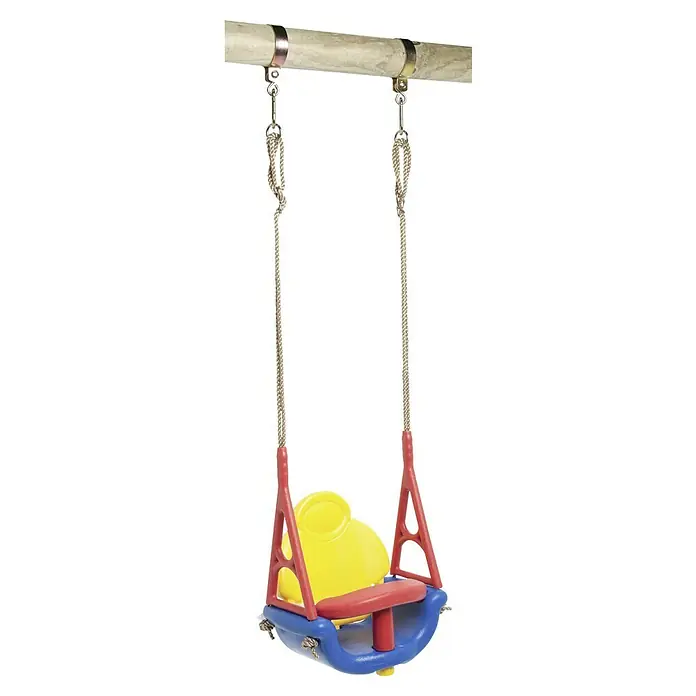 Swing King Babyschaukel - L x B x H: 24 x 30 x 48 cm, Kunststoff, Altersempfehlung: 0 Jahre - 3 Jahre - Nahaufnahme einer Kinderschaukel mit gelber Rückenlehne, rotem Rahmen und blauem Sitz, die an Seilen von einer Holzstange hängt.