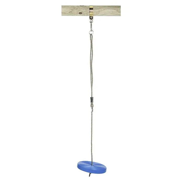 Swing King Tellerschaukel - Blau - Eine blaue Schaukelsitz hängen an einem Seil mit Zubehör an einem Holzbalken. Spaß für Kinder zum Spielen im Garten oder im Park.