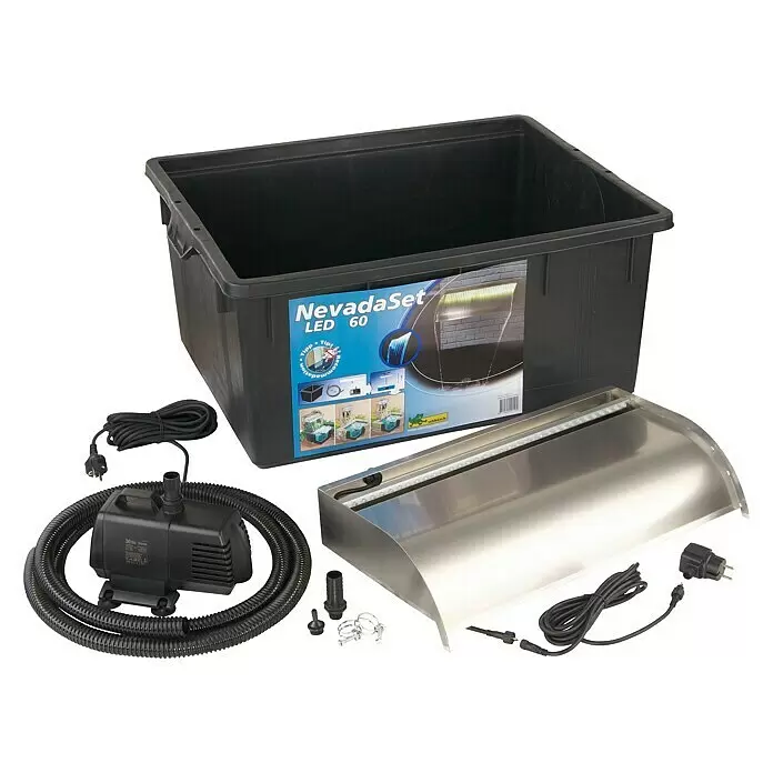 Ubbink Einbau-Wasserfall Set Nevada - 30 x 60 x 13 cm, Edelstahl, LED - NevadaSet LED 60 Wasserfall-Set mit schwarzem Becken, Edelstahl-Wasserfallüberlauf mit integrierten LED-Leuchten, Pumpe und Schläuchen.
