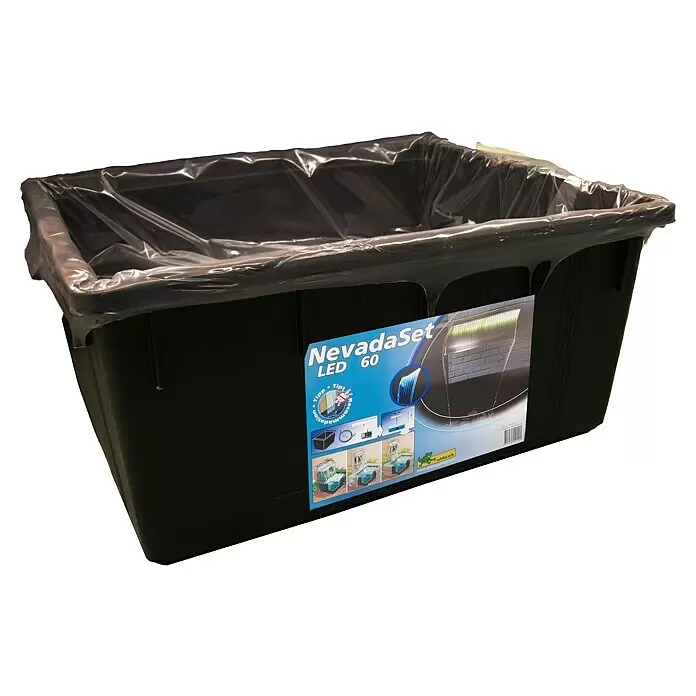 Ubbink Einbau-Wasserfall Set Nevada - 30 x 60 x 13 cm, Edelstahl, LED - Dunkles rechteckiges Kunststoffbecken mit transparenter Folie, Teil des NevadaSet LED 60 Brunnen-Kits.