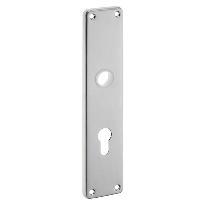 Stabilit Langschild - Distanznorm: 72 mm, Profilzylinder, Silber - Glänzende, silberfarbene Türschildgarnitur mit Schlüsselloch und zwei Befestigungslöchern für eine elegante Türgestaltung.