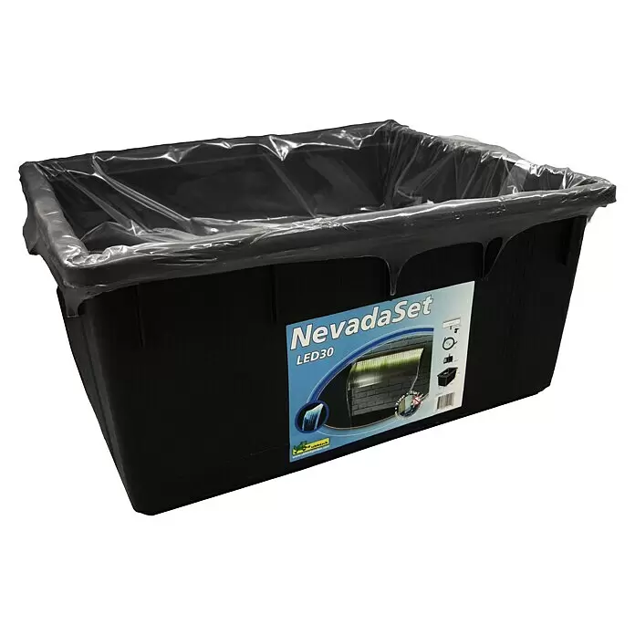 Ubbink Einbau-Wasserfall Set Nevada - 30 x 30 x 13 cm, Edelstahl, LED - Schwarzes, rechteckiges Teichbecken mit transparenter Folie und blauem Etikett 'NevadaSet LED30'.