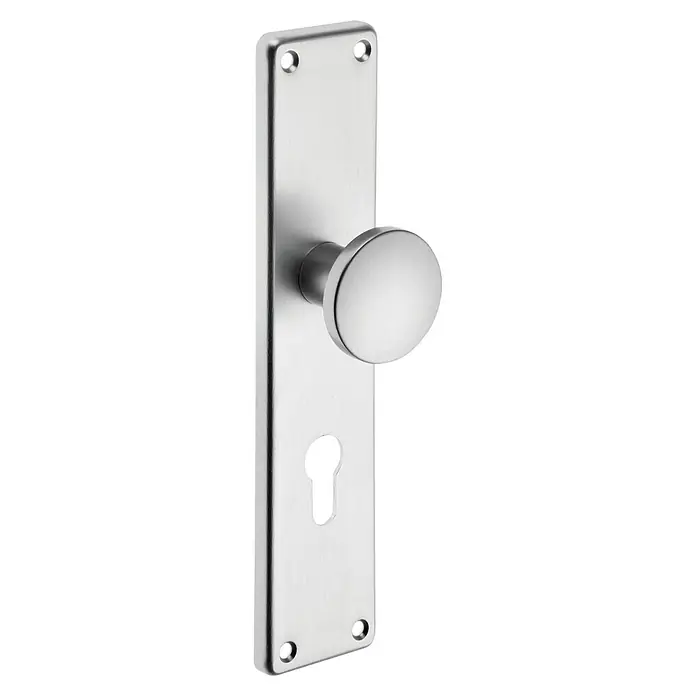 Stabilit Knopfkurzschild - Distanznorm: 72 mm, Aluminium - Diese Nahaufnahme zeigt eine Innentürbeschlag mit einer länglichen Platte, einem runden Knauf und einem Schlüsselloch für den Innenbereich.