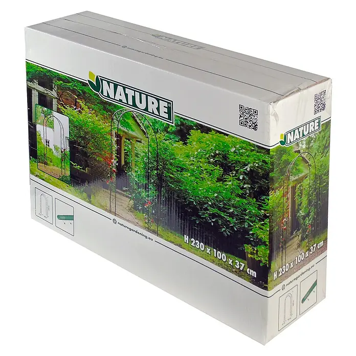 Nature Rosenbogen - Schwarz, Stahl - Nahaufnahme eines Nature Gartenbogen-Kits in einer Verpackung. Das Set beinhaltet alles, was man für den Aufbau eines schönen Bogens benötigt.