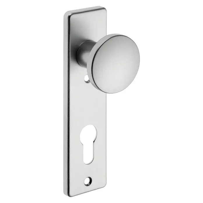 Portaferm Knopfkurzschild - Distanznorm: 72 mm, Aluminium, Kurzschild - Nahaufnahme eines klassischen Türknaufs aus gebürstetem Stahl mit Schlüssellochblende. Ideal für ein stilvolles Zuhause.