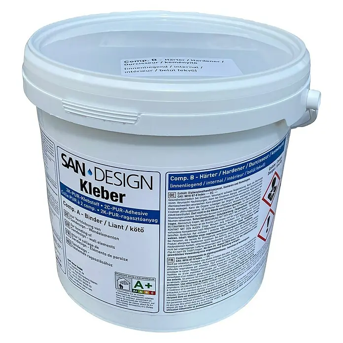 SanDesign 2-Komponenten-Kleber - 4,2 kg - SAN•DESIGN Kleber 2K-PUR-Klebstoff Eimer, ein 2-Komponenten-Polyurethan-Klebstoff für Wandelemente, ideal für Bauprojekte.