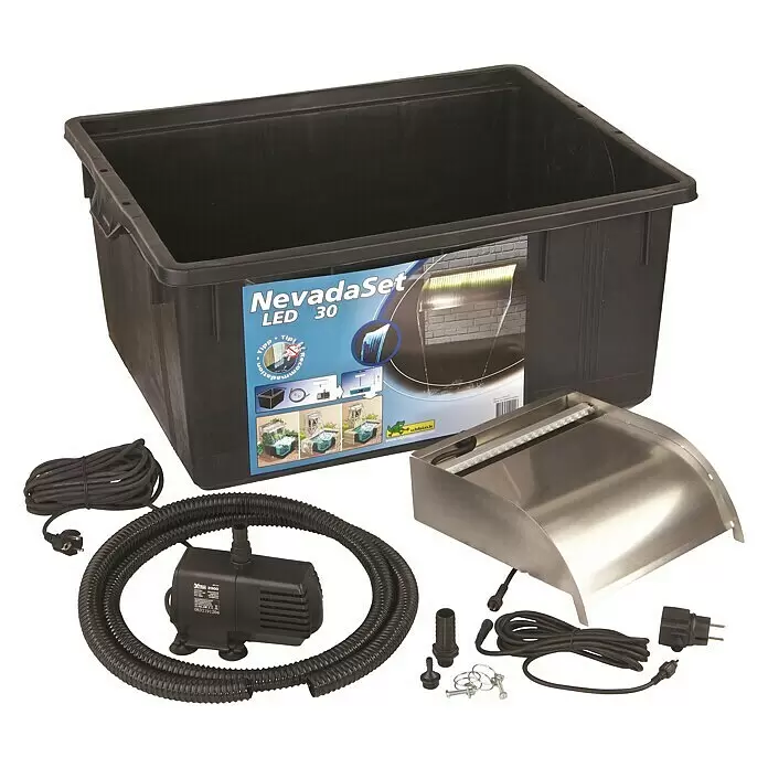 Ubbink Einbau-Wasserfall Set Nevada - 30 x 30 x 13 cm, Edelstahl, LED - Ein NevadaSet LED 30 Wasserfall-Set mit schwarzem Becken, Edelstahl-Wasserfall mit LED, Pumpe, Schlauch und Zubehör.