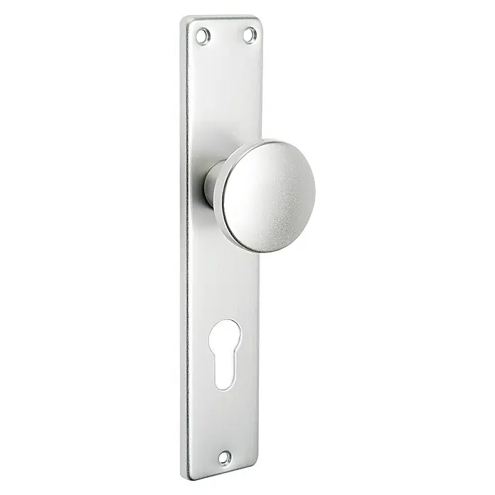 Portaferm Knopfkurzschild F1 - Distanznorm: 72 mm, Aluminium - Eine elegante Türklinke aus poliertem Metall mit rundem Griff und Schlüssel-Loch. Metallbeschläge für den täglichen Gebrauch.
