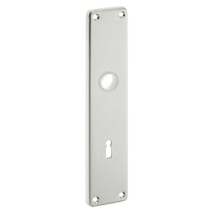 Portaferm Langschild - Distanznorm: 72 mm, Buntbart, Neusilber - Eine längliche, glänzende Türschildgarnitur aus Metall mit Schlüsselloch und Befestigungslöchern. Die Türklinkenrosette ist rundlich und erhaben.