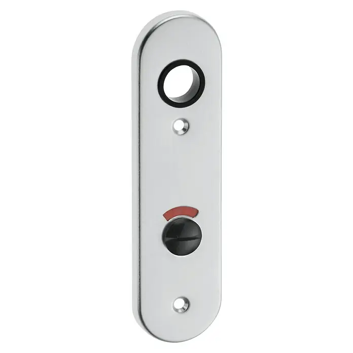 Portaferm Korbbogenschild WC - Silber, Distanznorm: 78 mm - Das Bild zeigt eine Toilettenverriegelung mit einem roten Besetztanzeiger auf einer silbernen Oberfläche. Ideal für Privatsphäre in WC-Räumen.