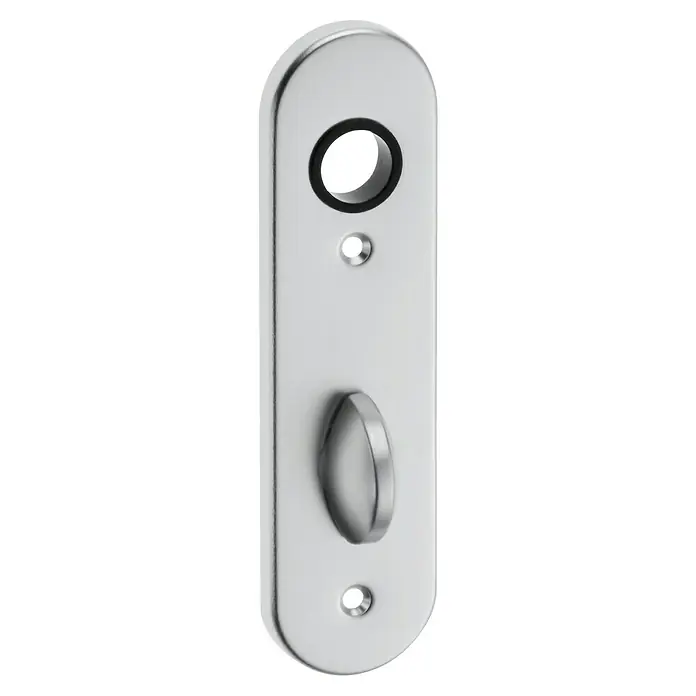 Portaferm Korbbogenschild WC - Silber, Distanznorm: 78 mm - Nahaufnahme einer eleganten, länglichen Türschildgarnitur aus glänzendem Metall mit Schlüsselloch und Griffmulde.