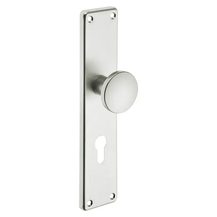 Portaferm Knopflangschild - Distanznorm: 72 mm, Aluminium, Langschild - Eine elegante Türgarnitur mit runder Türklinke und länglicher Rosette in gebürstetem Nickel-Finish. Perfekt für stilvolle Innentüren.