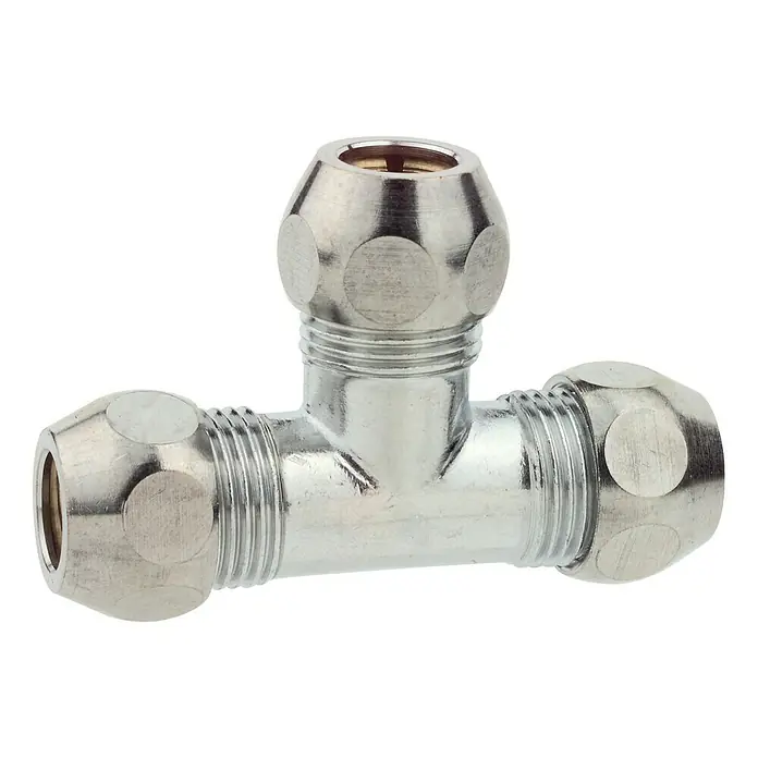 T-Quetschverschraubung - ⅜″, Durchmesser Rohranschluss: 10 mm - Ein glänzendes T-Stück aus verchromtem Messing, ein unverzichtbares Sanitärteil für professionelle und Heimwerker-Installationen.