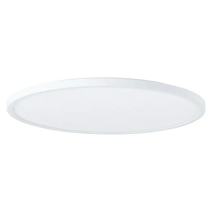 Brilliant LED-Deckenleuchte rund Tanida rund - 22 W, Ø x H: 42 x 2,6 cm, Weiß, Kaltweiß - Nahaufnahme einer runden, flachen, weißen Deckenleuchte, die ein modernes und minimalistisches Design aufweist.