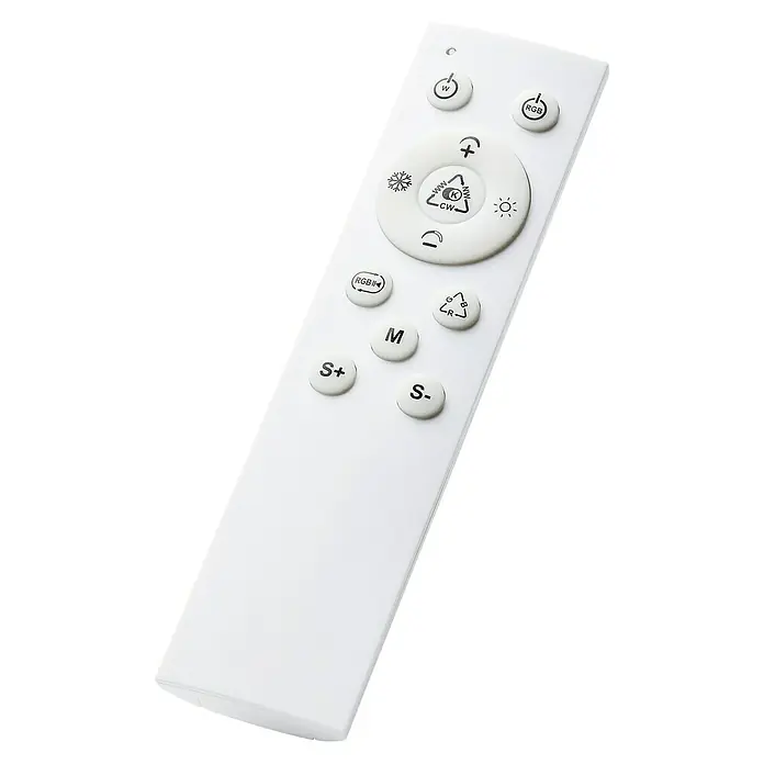 Brilliant LED-Deckenleuchte rund Tanida rund - 22 W, Ø x H: 42 x 2,6 cm, Weiß, Kaltweiß - Nahaufnahme einer weißen Fernbedienung mit diversen Knöpfen zur Steuerung von Lichtern und verschiedenen Funktionen.