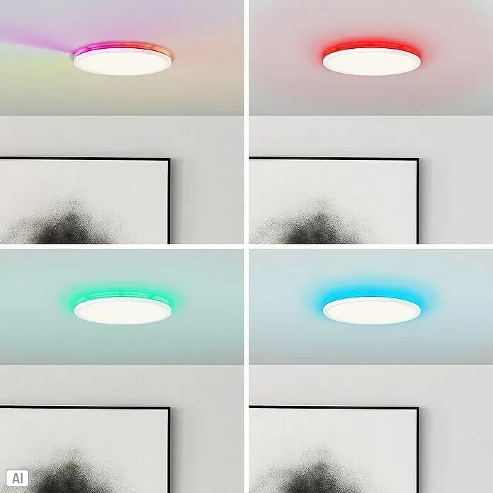 Brilliant LED-Deckenleuchte rund Tanida - 20 W, Ø x H: 29,5 x 2,5 cm, Weiß, Kaltweiß - Weiße, runde LED-Deckenleuchte mit farbwechselndem Hintergrundlicht, das bunte Halos an die Decke projiziert.