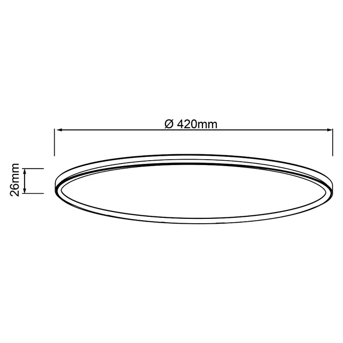 Brilliant LED-Deckenleuchte rund Tanida rund - 22 W, Ø x H: 42 x 2,6 cm, Weiß, Kaltweiß - Technische Zeichnung einer runden LED-Deckenleuchte mit einem Durchmesser von 420 mm und einer Höhe von 26 mm. Detaillierte Produktabmessungen für die Installation.