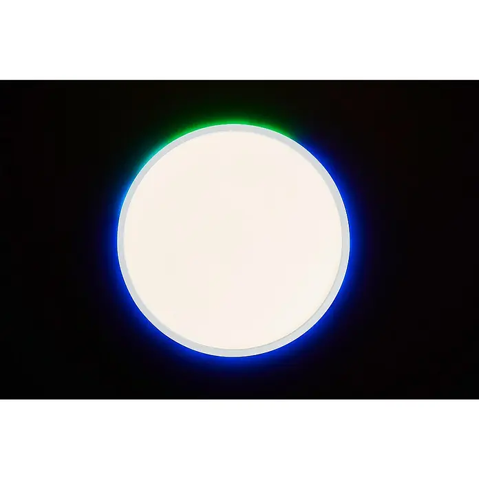Brilliant LED-Deckenleuchte rund Tanida rund - 22 W, Ø x H: 42 x 2,6 cm, Weiß, Kaltweiß - Moderne LED-Deckenleuchte mit Farbwechsel. Elegante, runde Lampe mit weißem Lichtfeld und blau-grünem Leuchtrand, ideal für stimmungsvolle Beleuchtung.