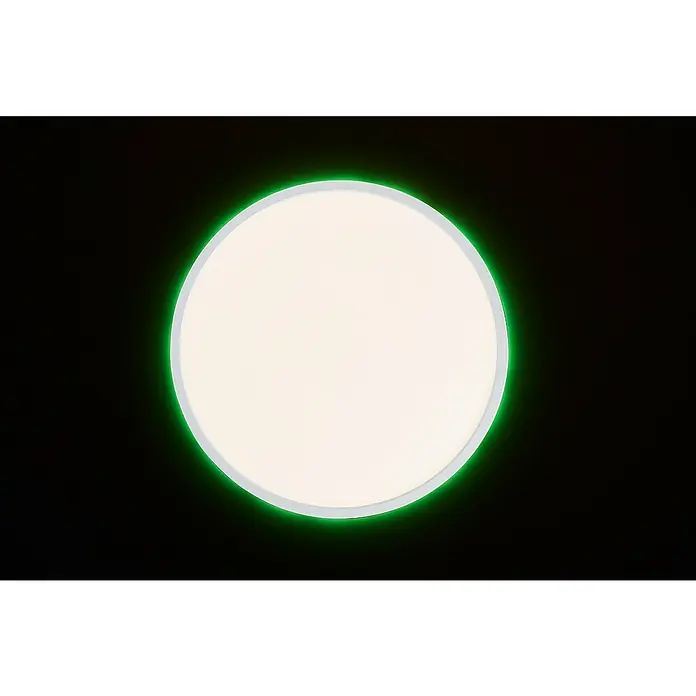 Brilliant LED-Deckenleuchte rund Tanida rund - 22 W, Ø x H: 42 x 2,6 cm, Weiß, Kaltweiß - Ein kreisförmiges LED-Deckenlicht mit grünem Rand, das ein modernes und energieeffizientes Beleuchtungselement für jeden Raum bietet.
