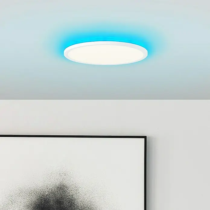 Brilliant LED-Deckenleuchte rund Tanida - 20 W, Ø x H: 29,5 x 2,5 cm, Weiß, Kaltweiß - Deckenleuchte mit blauer Umrandung für eine angenehme Atmosphäre. Die moderne Lampe sorgt für eine gleichmäßige Ausleuchtung und ein stilvolles Ambiente.