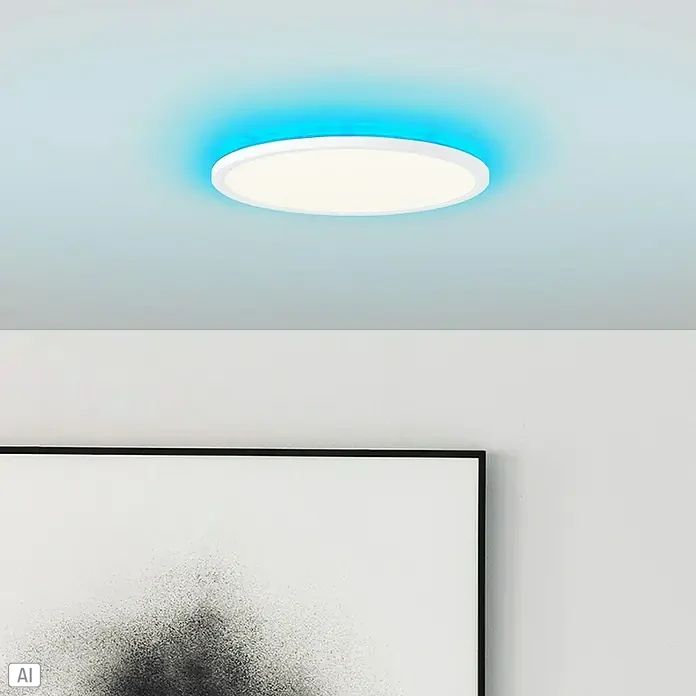 Brilliant LED-Deckenleuchte rund Tanida - 20 W, Ø x H: 29,5 x 2,5 cm, Weiß, Kaltweiß - Deckenleuchte mit blauer Umrandung für eine angenehme Atmosphäre. Die moderne Lampe sorgt für eine gleichmäßige Ausleuchtung und ein stilvolles Ambiente.