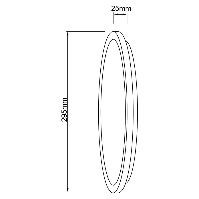 Brilliant LED-Deckenleuchte rund Tanida - 20 W, Ø x H: 29,5 x 2,5 cm, Weiß, Kaltweiß - Abbildung eines runden LED-Deckeneinbaustrahlers mit den Maßen 295mm Länge und 25mm Tiefe, dargestellt in einer technischen Zeichnung.